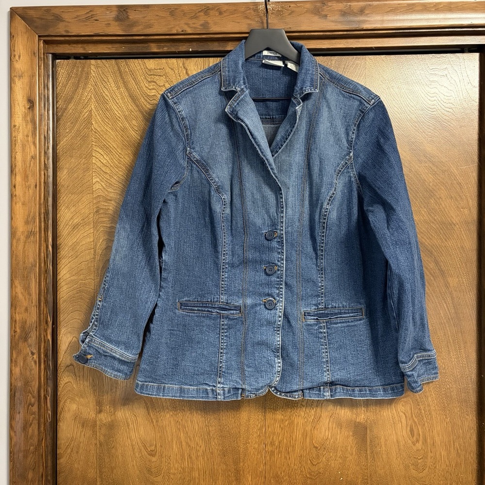 Women's 1X Stretch Denim Long Sleeve Jacket Dark 3 Button Chic Collar Y2K Cotton